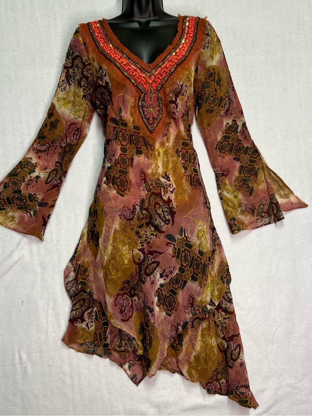 Chaudry KC Silk Beaded Boho Dress Tunic M Festival Kaftan NWT Y2K Resort Earthy